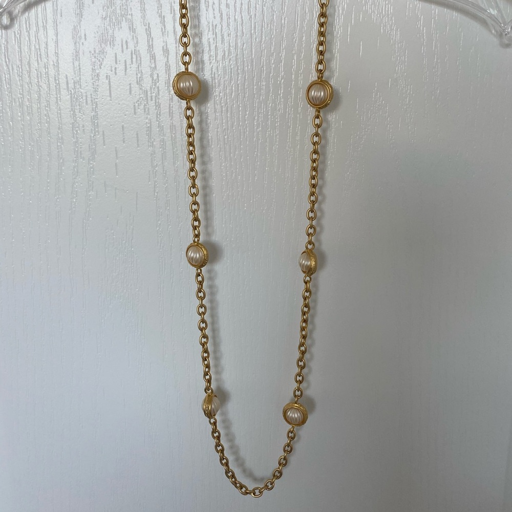Designer brush gold tone /faux Pearl long necklace
